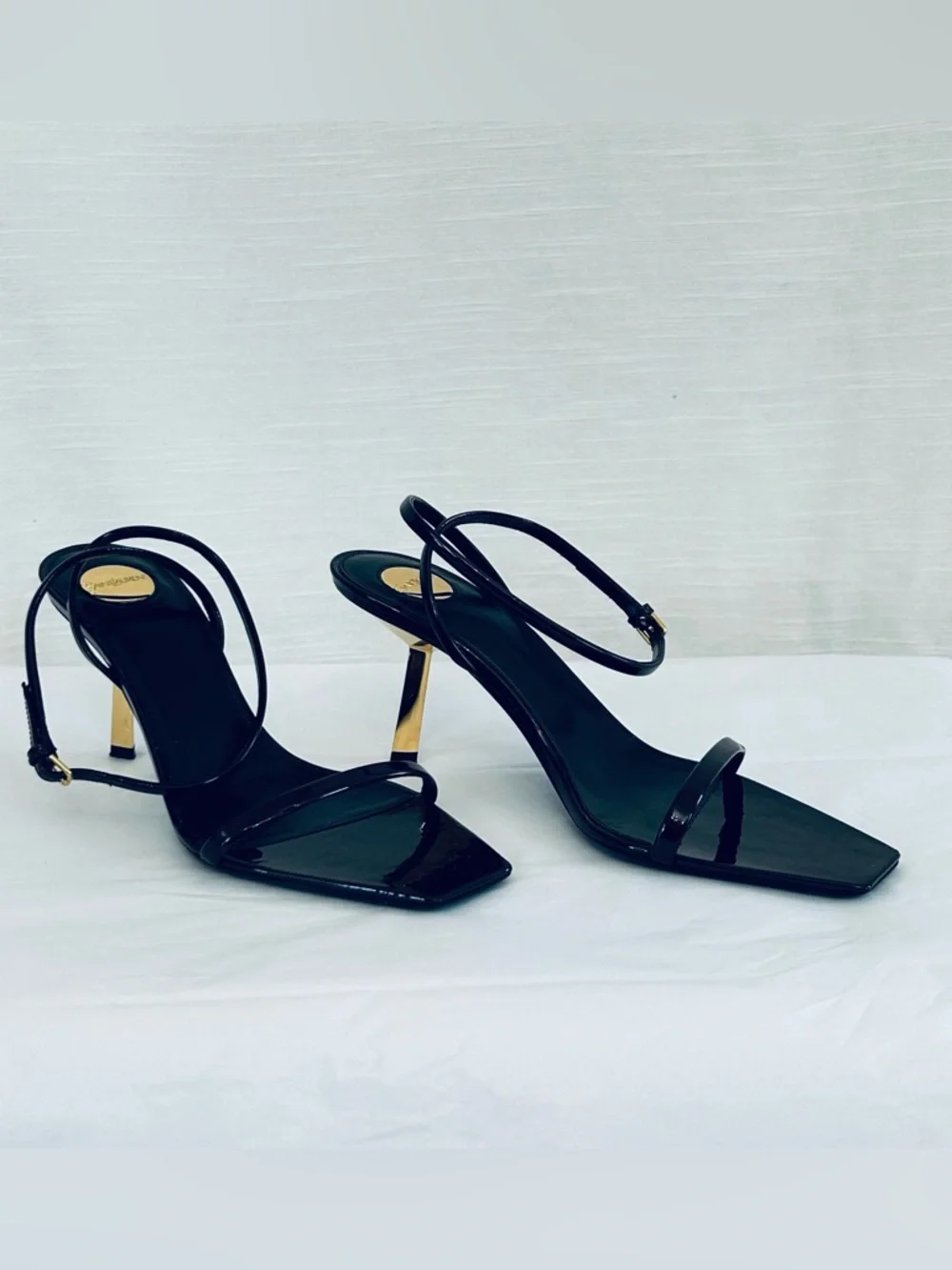 Saint Laurent Designer Patent Leather Strappy Sandals with Gold Heels - Picture 9 of 13